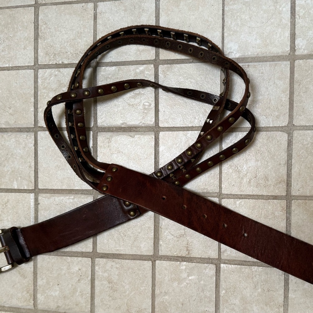 100% Brown Leather Rocker Belt with Brass Stud Accents